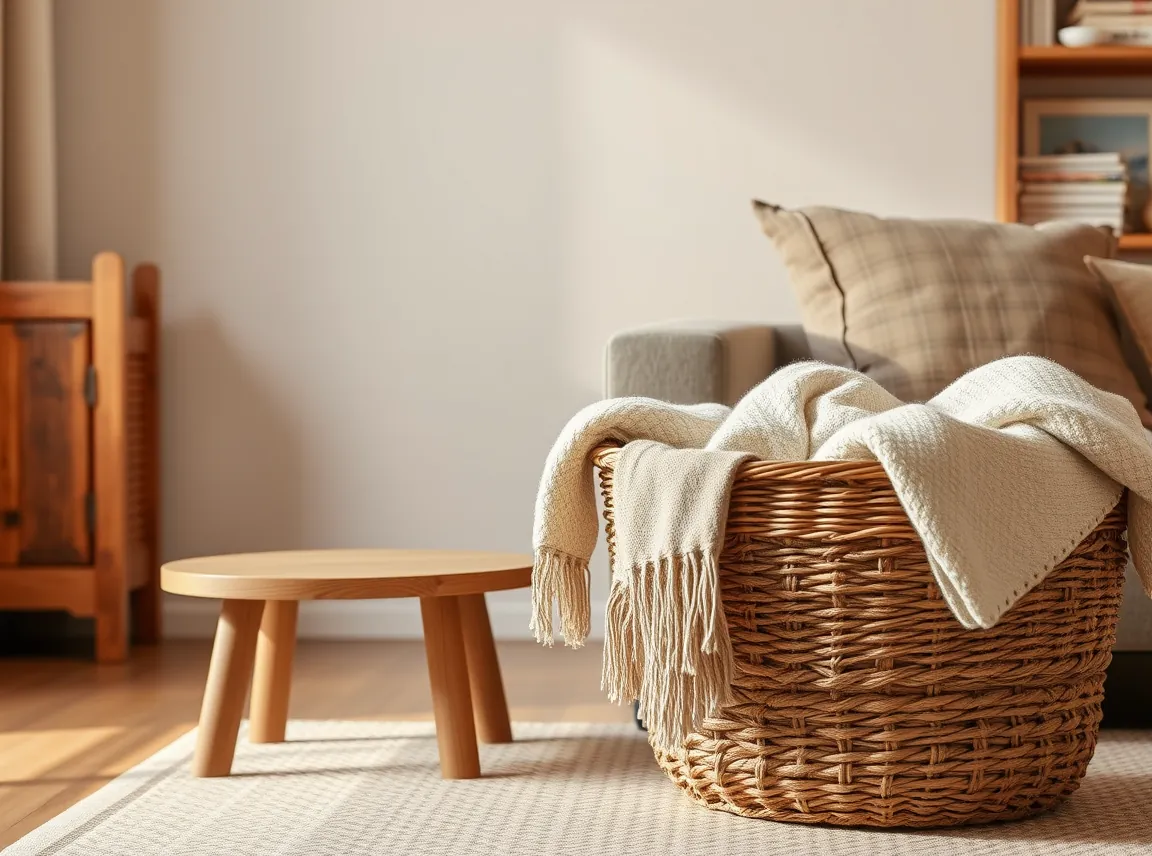 A wooden side table and a woven basket holding blankets in a cozy living room, warm earthy tones, no people, soft natural