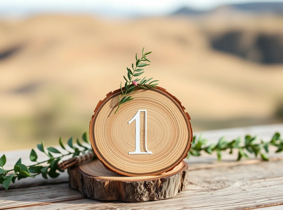 A wooden slice used as a wedding table number sign with a sprig of greenery on top, rustic and natural, no people, soft