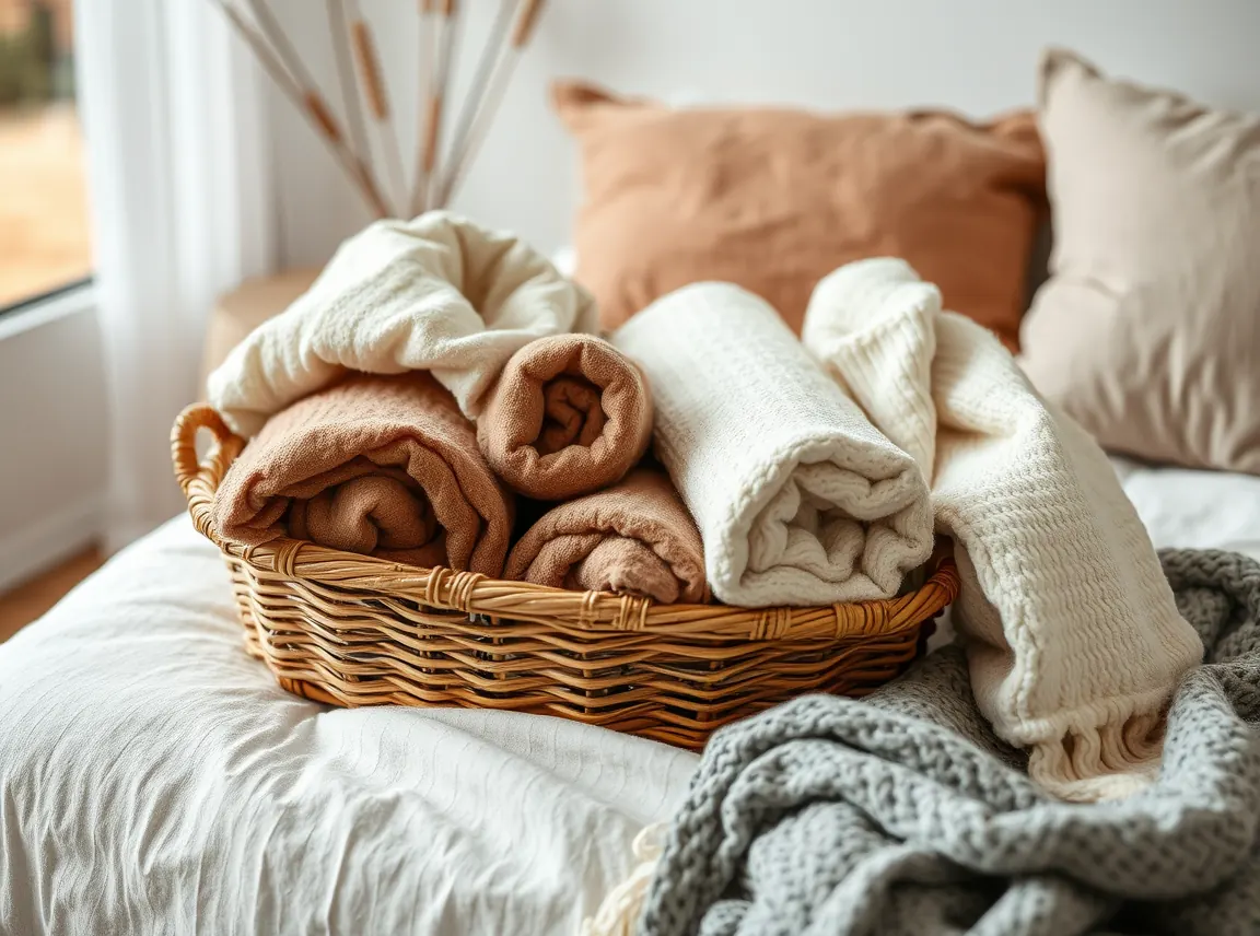 A woven basket filled with rolled cozy blankets beside a bed, warm fall tones, no people, soft natural light, landscape photo