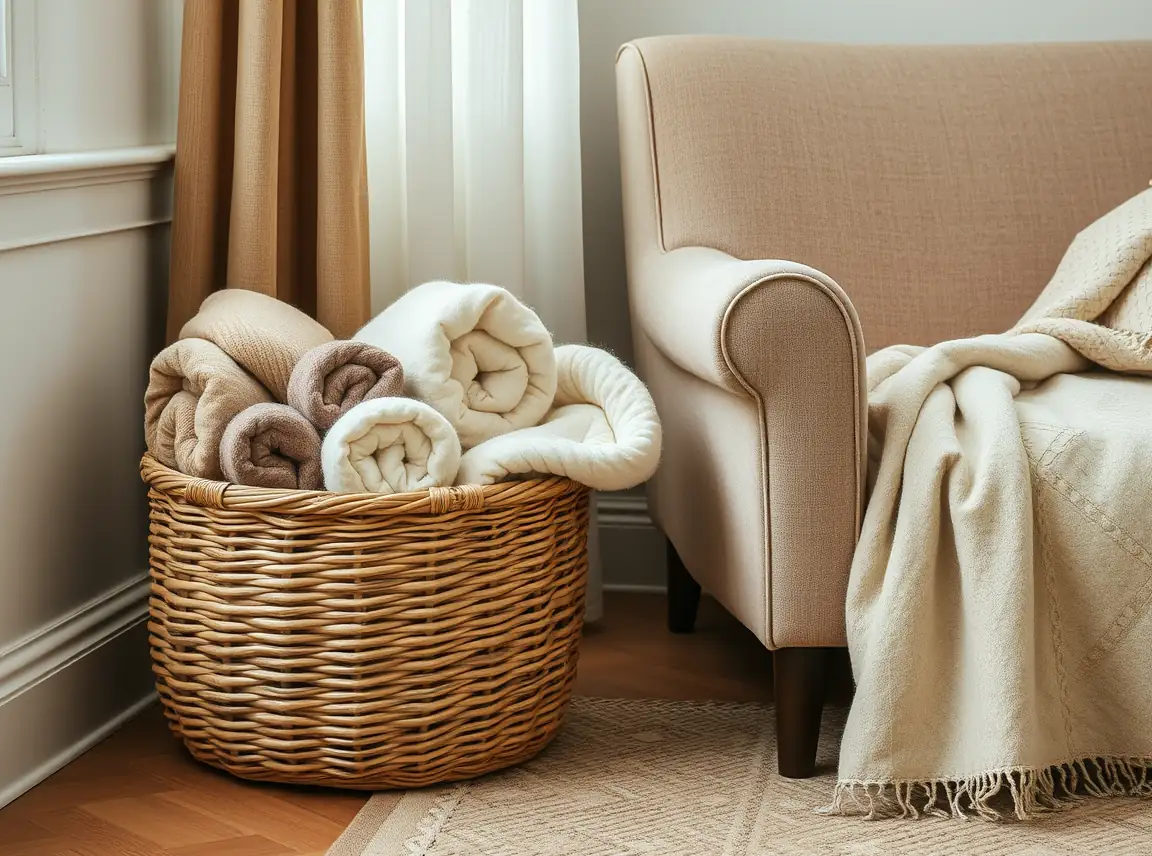 A woven basket filled with rolled cozy blankets beside a soft armchair in a bedroom corner, warm and inviting, no people