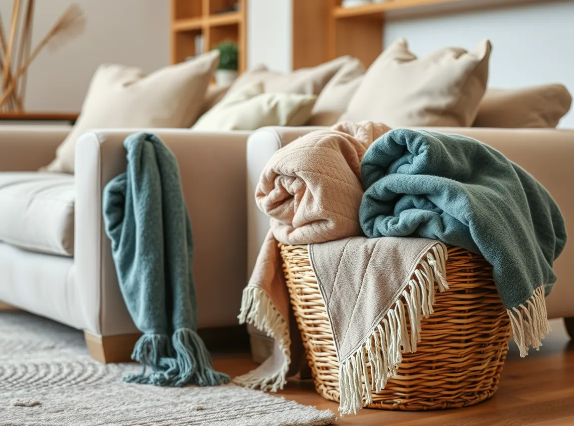 A woven basket filled with rolled cozy throws beside a sofa in a warm living room, inviting and tidy, no people, soft light