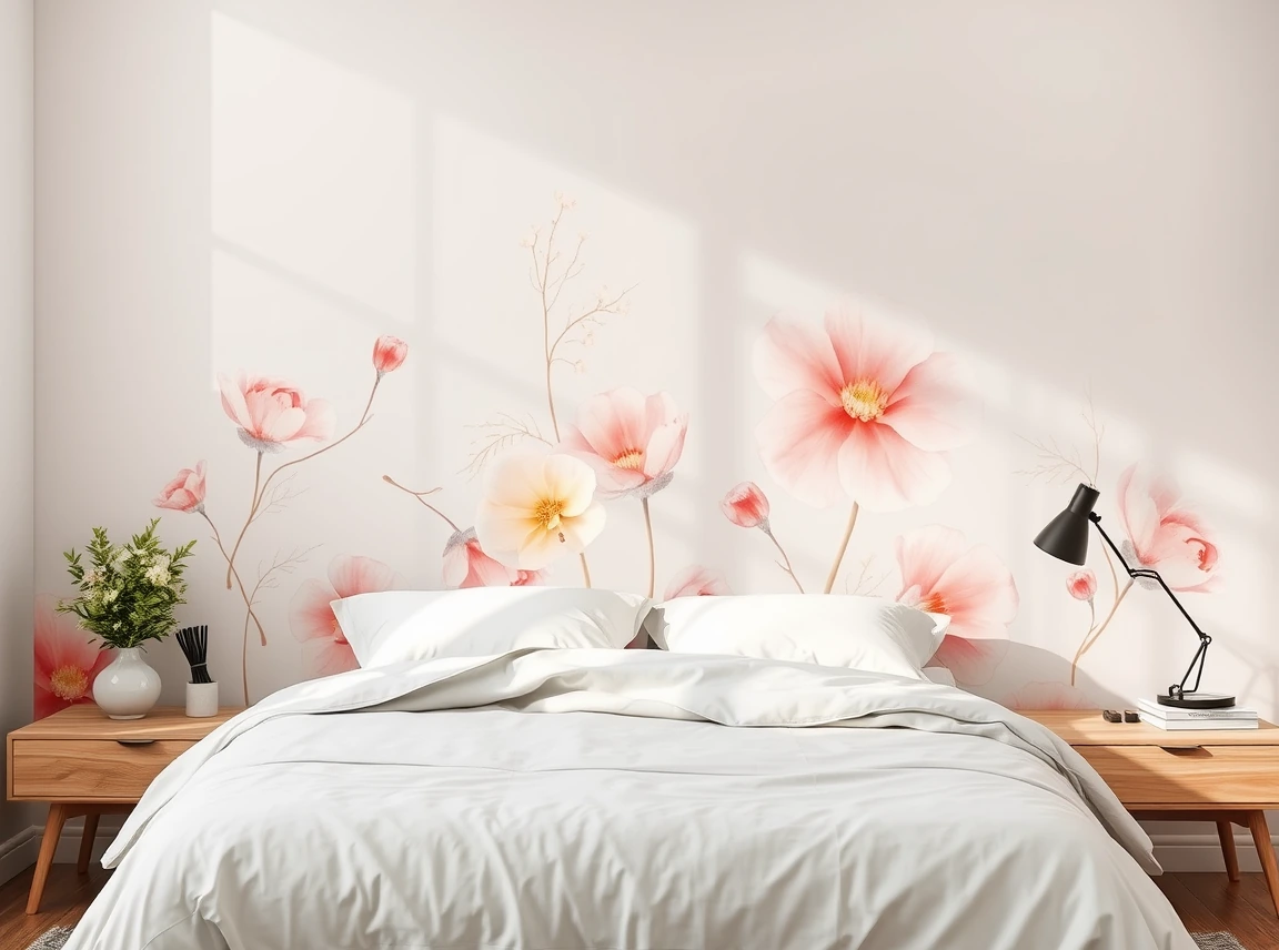 An accent wall covered in removable peel-and-stick wallpaper with a soft floral print behind a bed, renter-friendly and