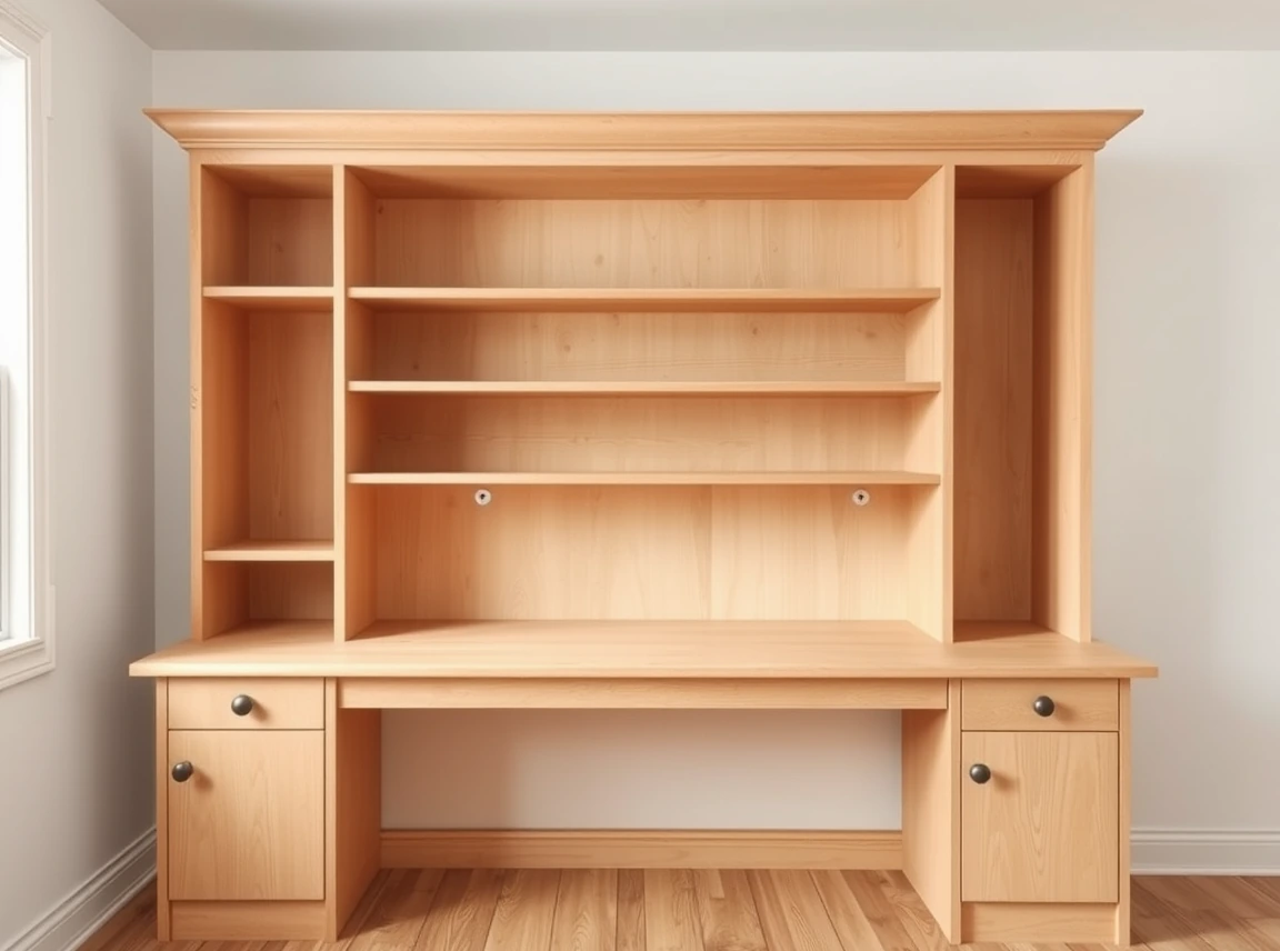 An empty clean desk hutch with bare shelves ready to be organized, wood shelving, no people, bright even light, landscape