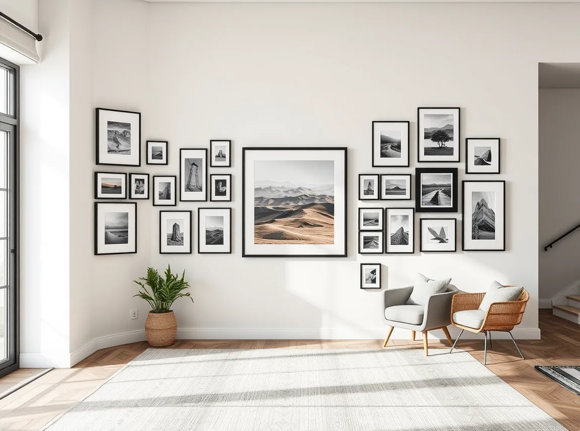 An L-shaped gallery wall wrapping around a room corner with a large framed print near the bend and smaller frames spreading