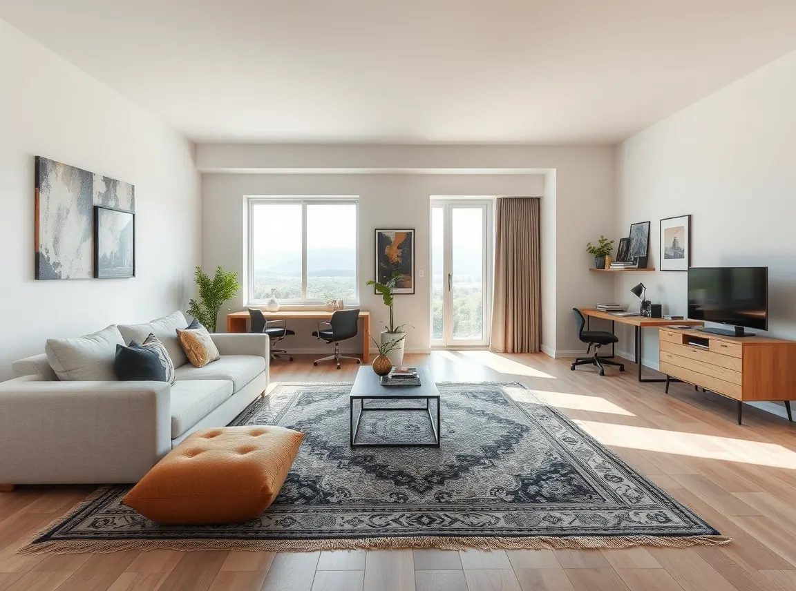 An open studio apartment using two area rugs to create a living zone and a study zone, clear and organized layout, bright