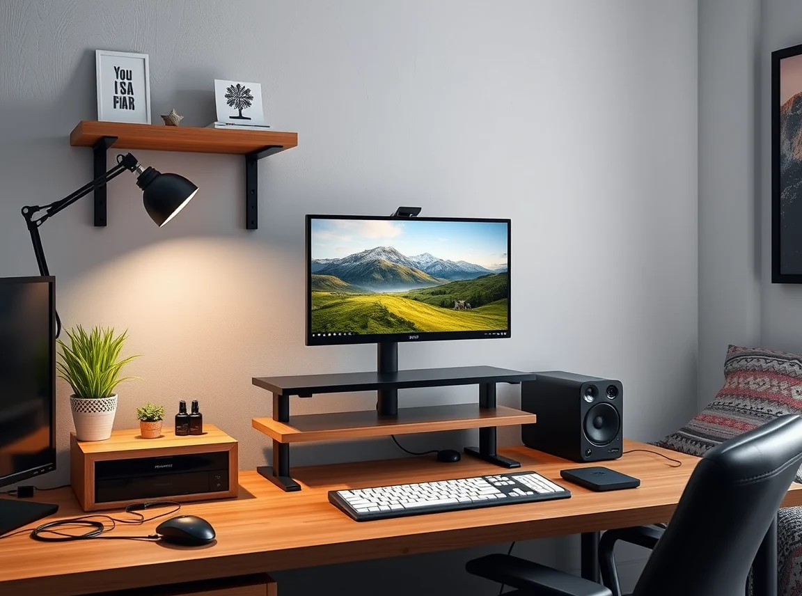 An organized dorm desk command center with a monitor on a riser, tidy cable management, and a small shelf, sharp and