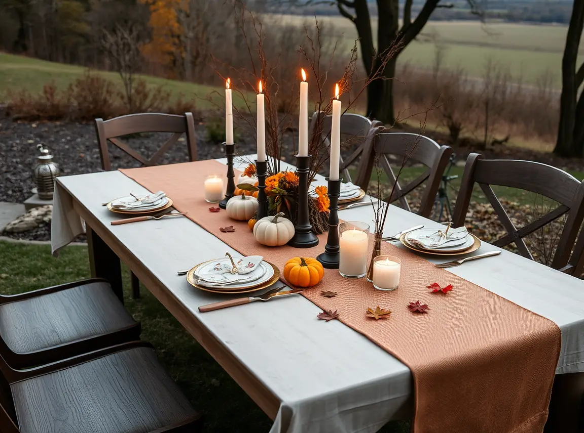 An outdoor dining table styled with a fall runner, candles, small pumpkins, and dried stems, warm and inviting, no people
