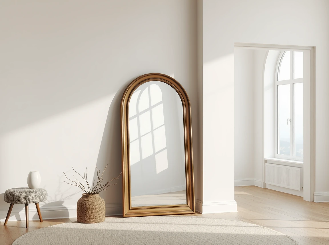 An oversized arched mirror leaning against a dorm wall reflecting soft daylight, airy and open, landscape photo