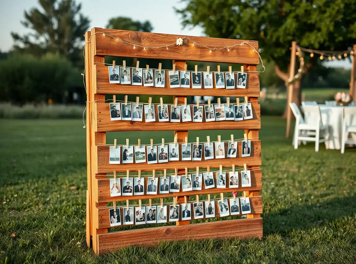 An upright rustic wooden pallet displaying rows of photos clipped with mini clothespins on twine, decorated with fairy