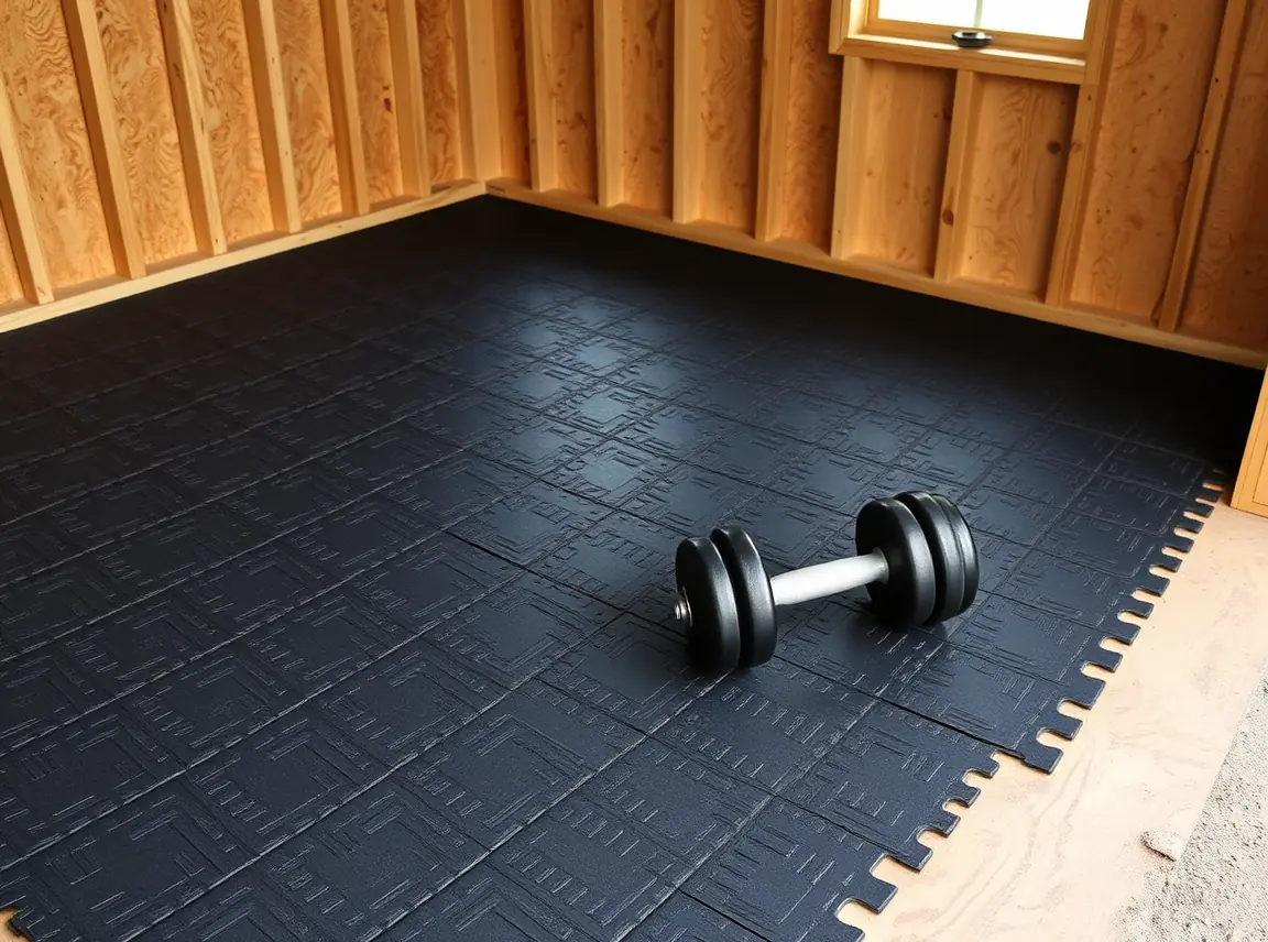 Black interlocking rubber gym tiles being laid across a shed floor, a corner still showing bare wood, a dumbbell resting on