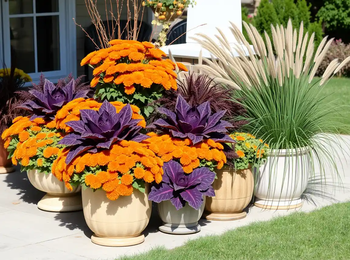 Fall planters filled with orange mums, purple kale, and ornamental grasses grouped on a patio, colorful autumn display, no