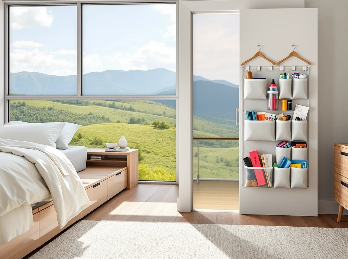 Flat storage bins sliding under a bed and an over-the-door organizer holding supplies, smart hidden storage, bright light