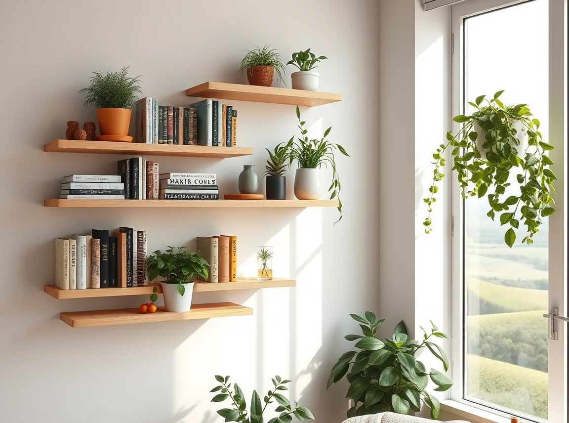 Floating wall shelves holding books, plants, and small decor in a small apartment, tidy vertical storage, bright light