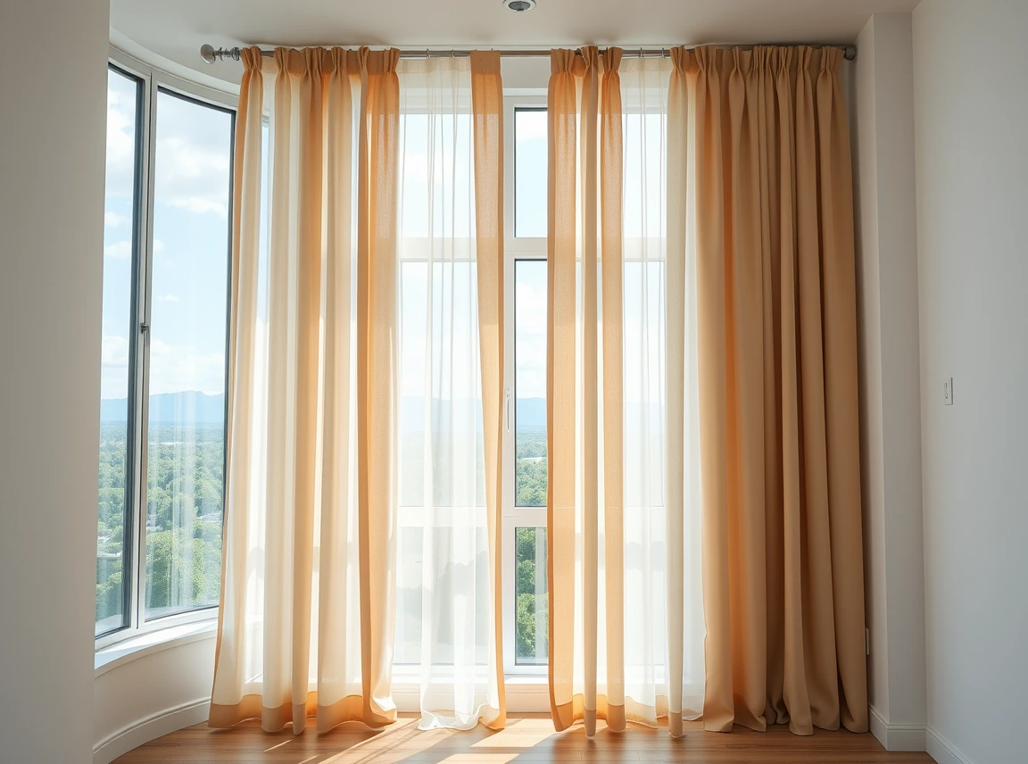 Floor-length curtains hung high and wide around an apartment window, making the room look taller and brighter, airy and