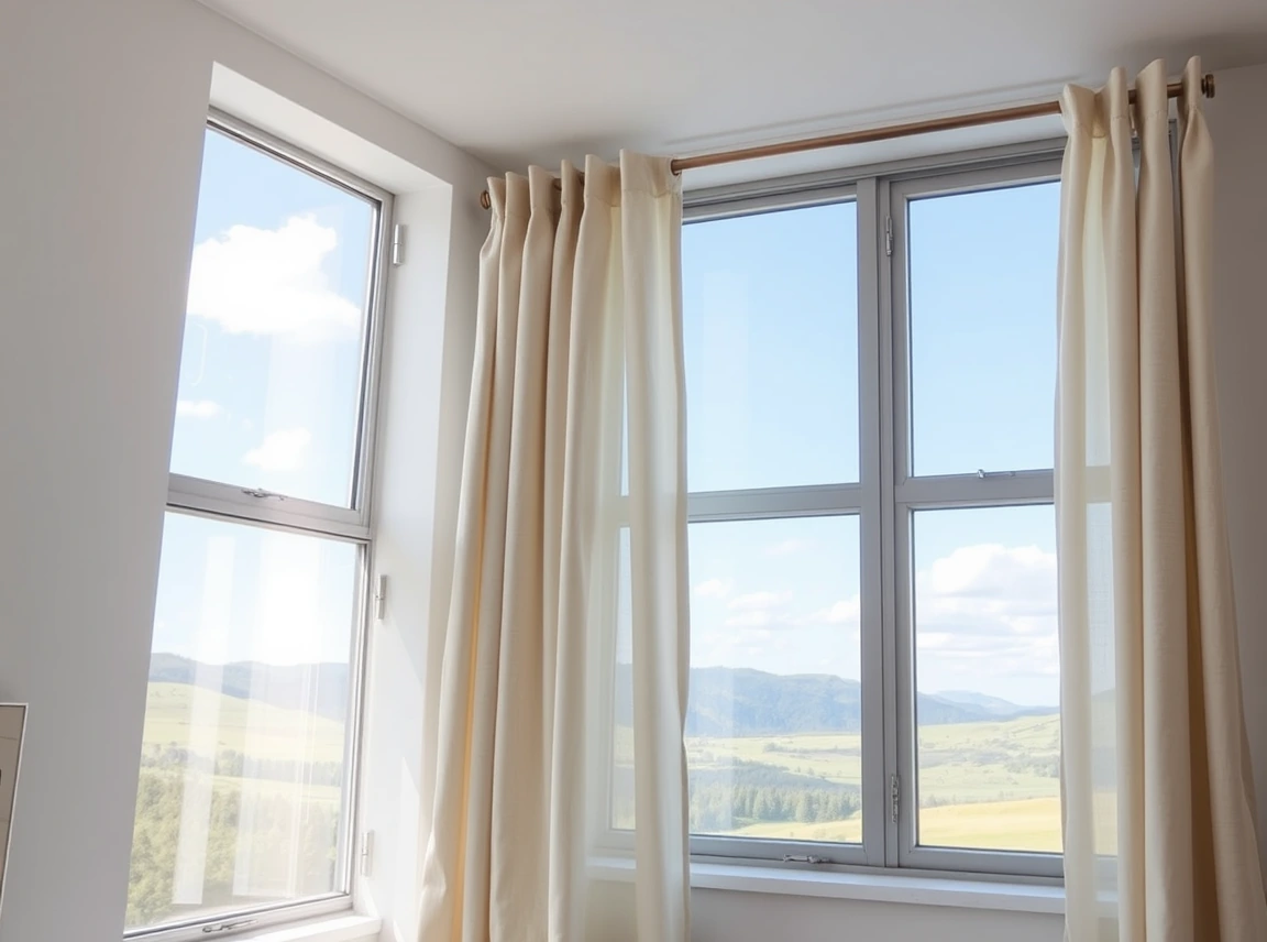Floor-length linen curtains hung high near a dorm window on a tension rod, soft fabric pooling slightly, airy and elevated