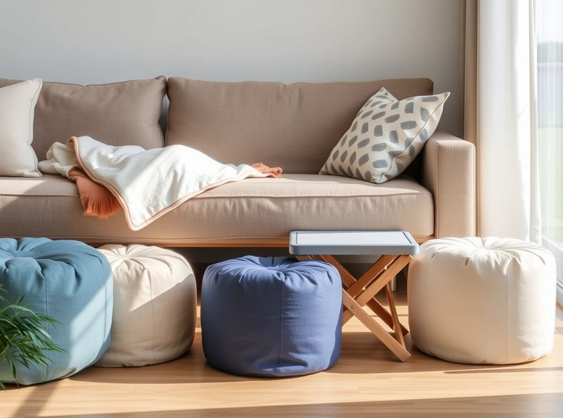 Floor poufs and folding stools tucked neatly beside a couch, ready for extra guests, space-smart and tidy, bright light
