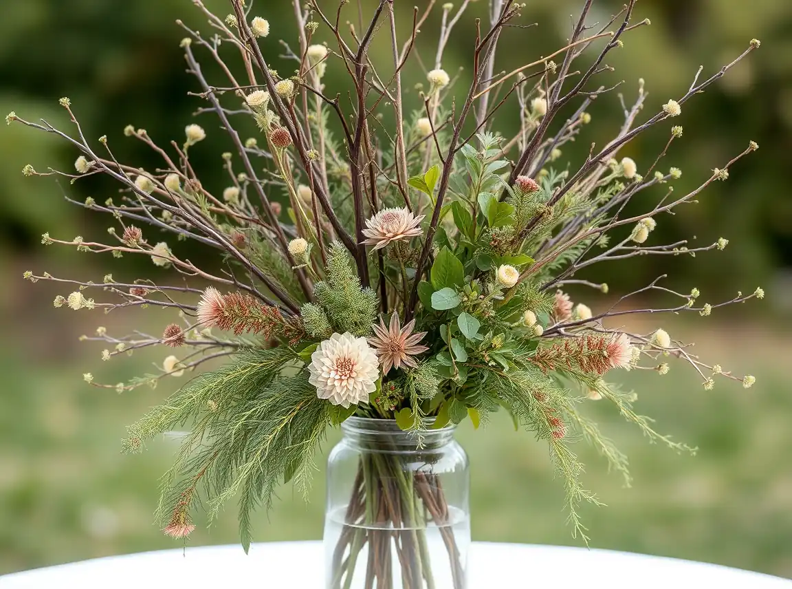 Foraged branches and seasonal greenery arranged in a vase as wedding decor, natural and free, no people, soft daylight