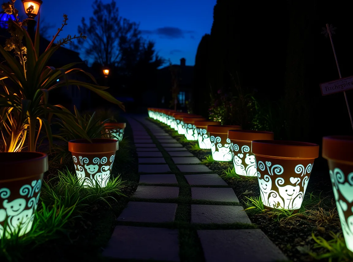 Garden pots painted with glow-in-the-dark designs giving off a soft glow along a path at night, enchanting evening scene, no