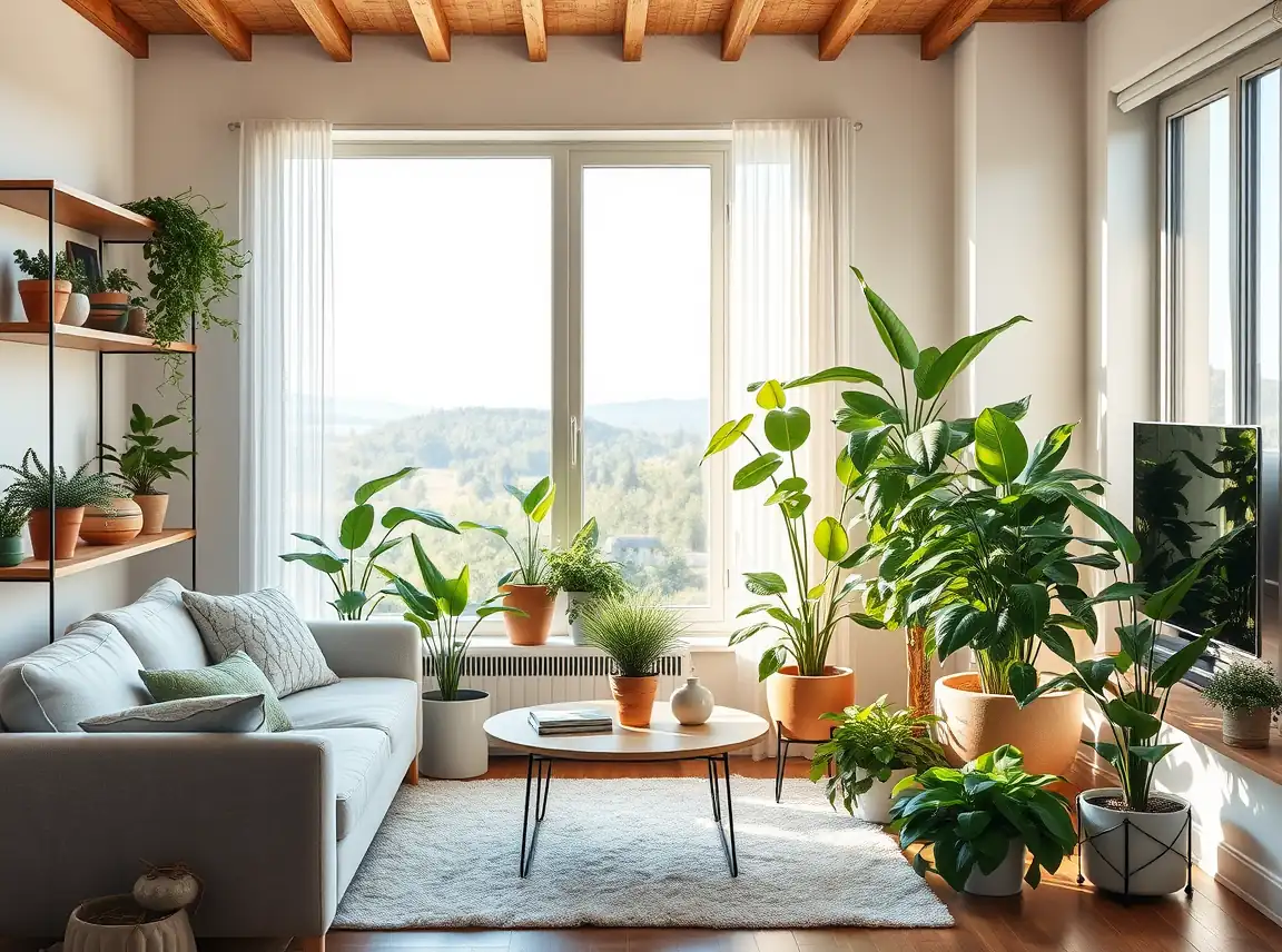 Green potted plants placed around a living room on shelves and the floor, fresh and lively, bright natural light, landscape