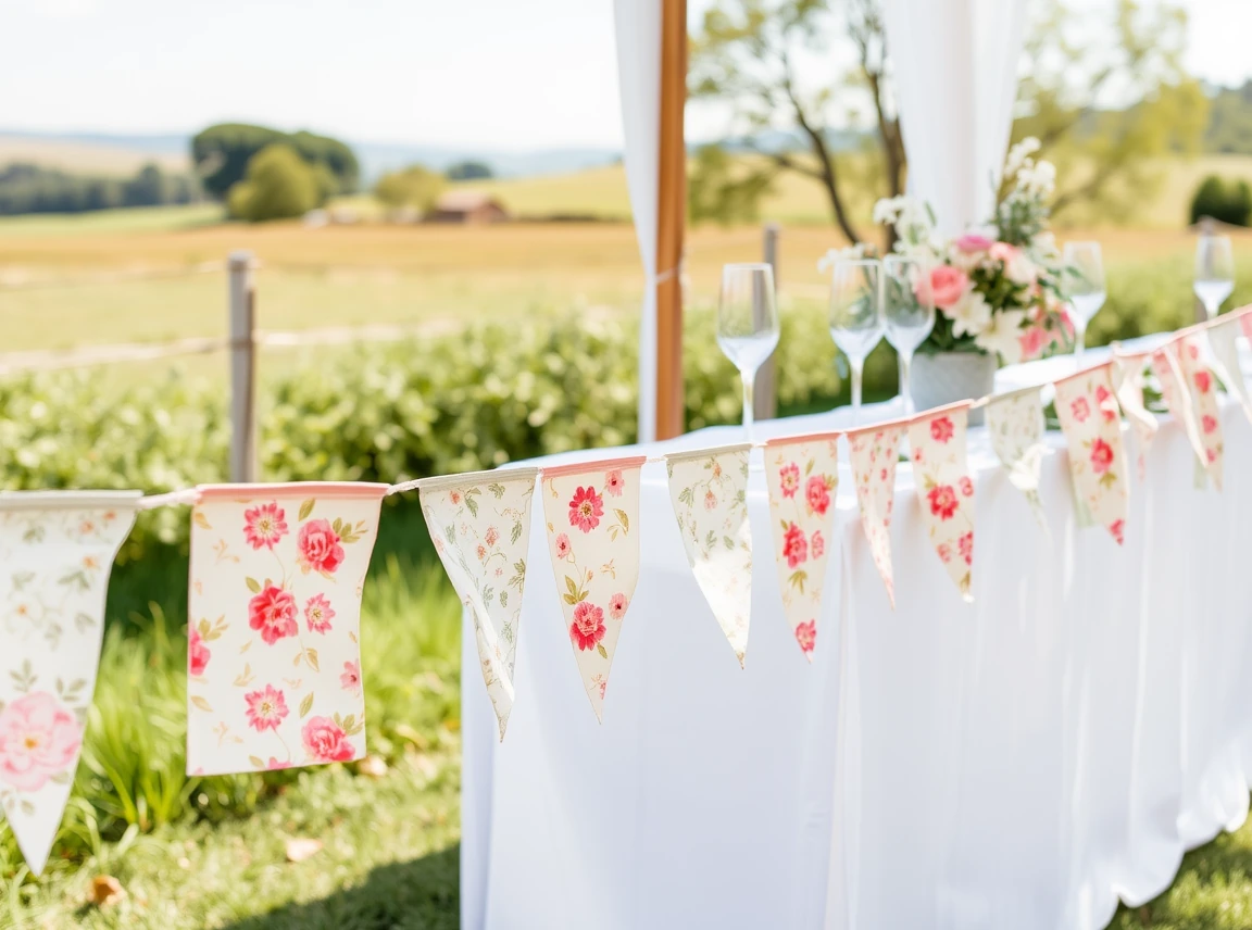 Handmade fabric bunting in soft floral prints strung along a wedding table edge, cheerful and homemade, no people, bright
