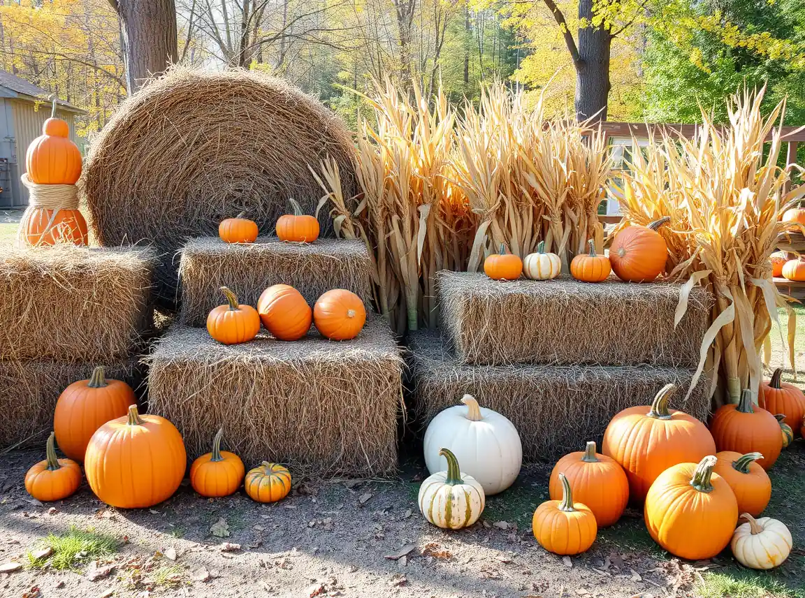 Hay bales and cornstalks arranged with pumpkins in a rustic backyard fall display, no people, bright daylight, landscape