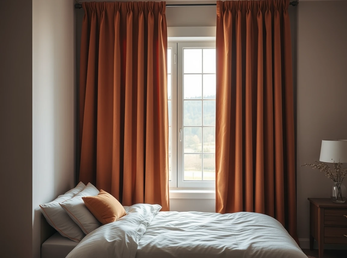 Heavy lined velvet curtains in a warm tone framing a bedroom window, rich and draft-blocking, no people, soft daylight