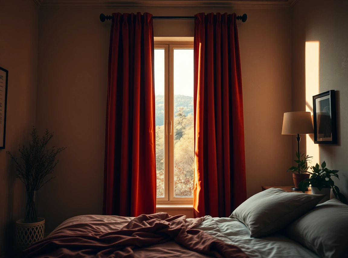 Heavy velvet curtains in a warm rust tone framing a bedroom window, rich and cozy, no people, soft daylight filtering