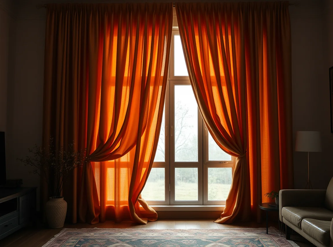 Heavy warm-toned curtains framing a living room window, rich and cozy, no people, soft daylight filtering through, landscape