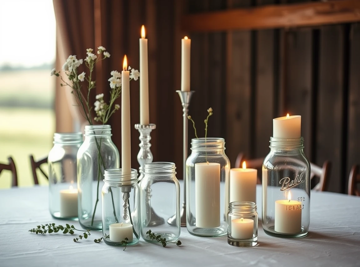 Home vases, candles, and mason jars repurposed as wedding decor on a table, personal and thrifty, no people, warm light