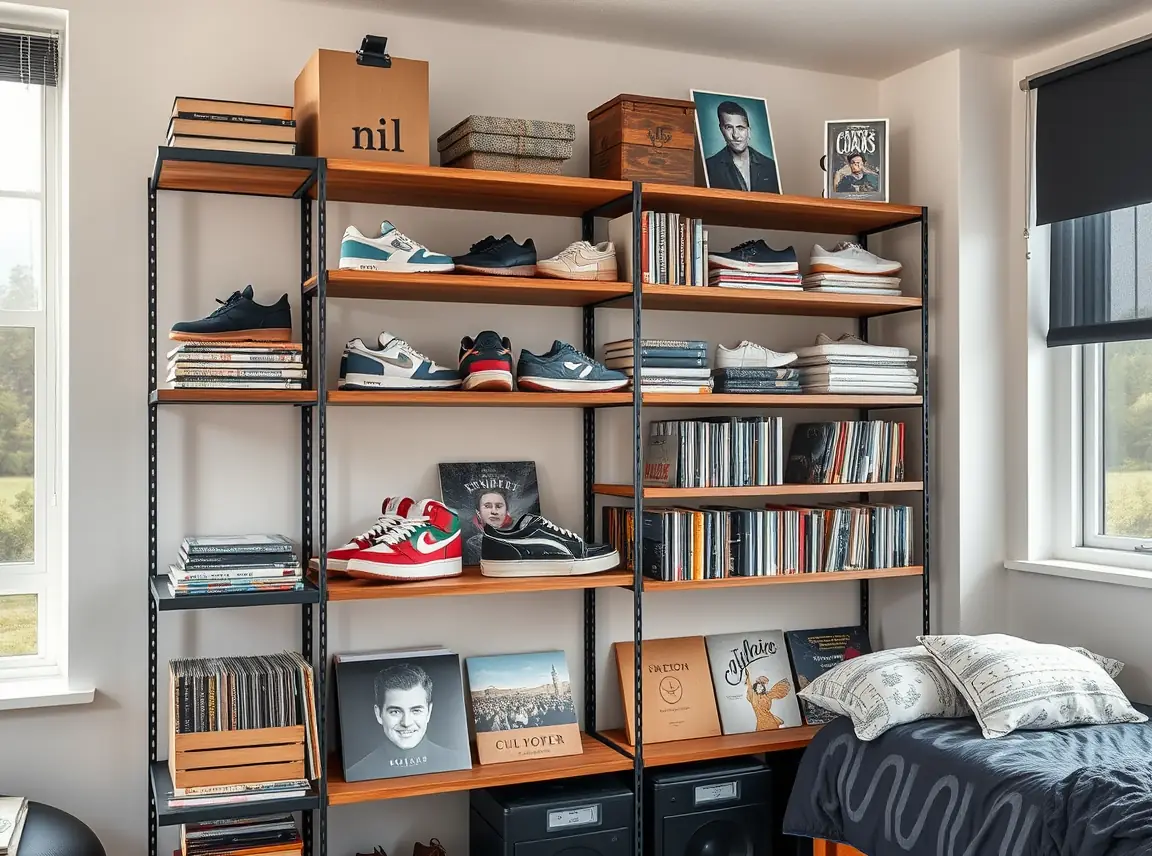 Industrial metal and wood shelving in a dorm displaying sneakers, books, and records, landscape photo