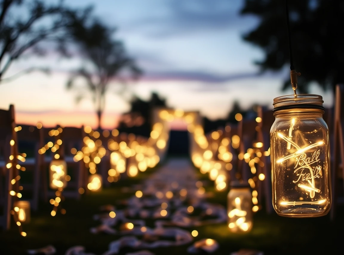 Mason jars filled with fairy lights lining a wedding aisle at dusk, warm cozy glow, no people, evening light, landscape photo