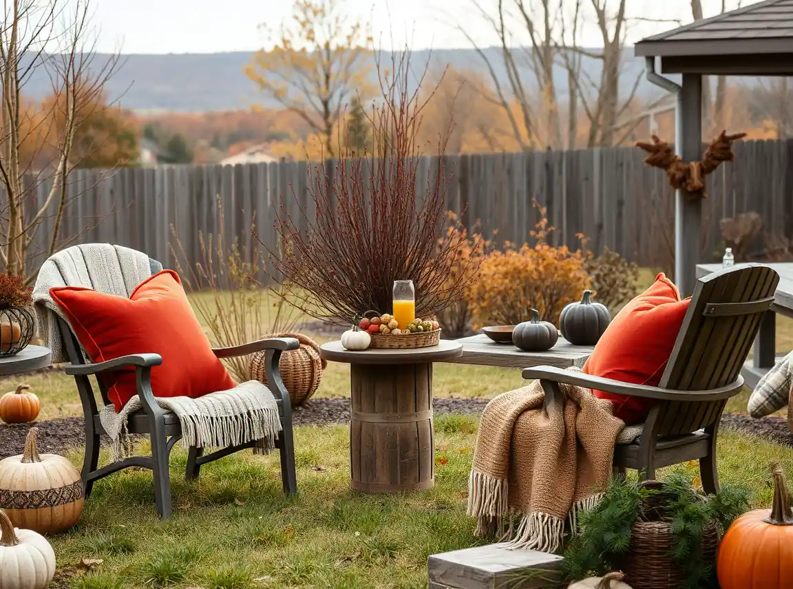 Outdoor chairs layered with rust and mustard pillows and cozy throws in a fall backyard, warm and inviting, no people, soft