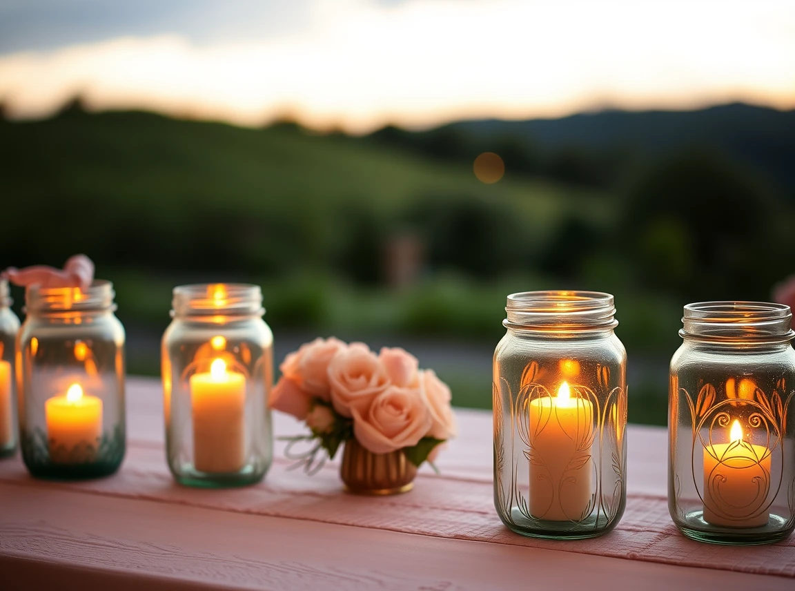 Painted glass jars holding glowing votive candles on a wedding table, warm romantic light, no people, landscape photo