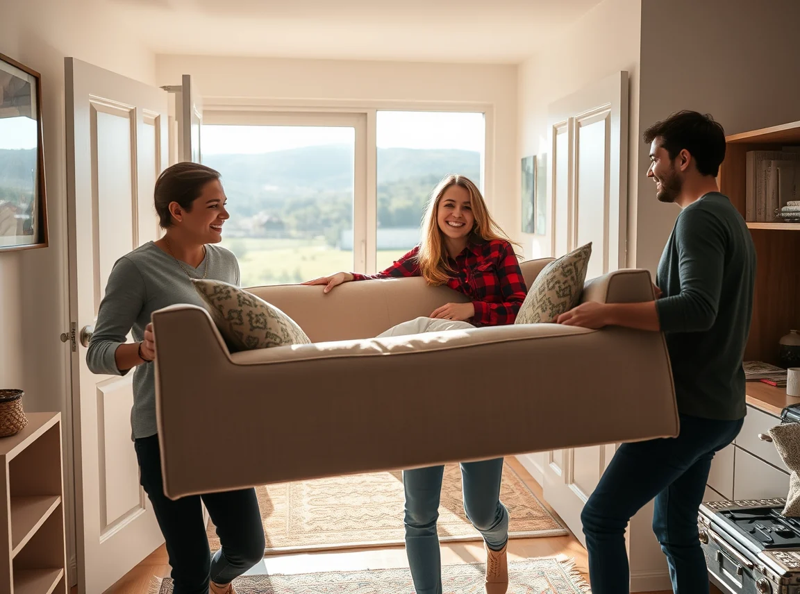 Roommates carrying a new sofa into an apartment together, teamwork and smiles, bright daylight, landscape photo