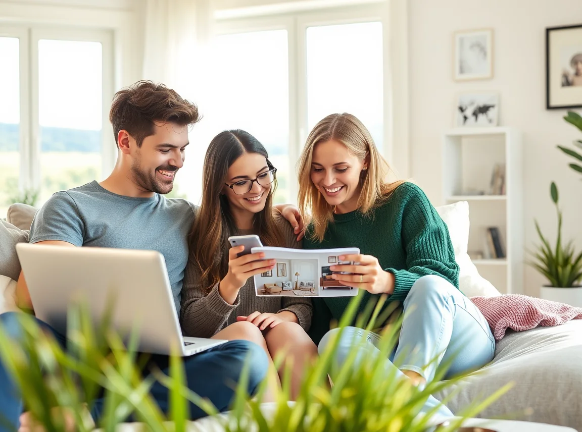 Roommates sitting together looking at decor photos on a laptop and phone, planning their living room, friendly and fun