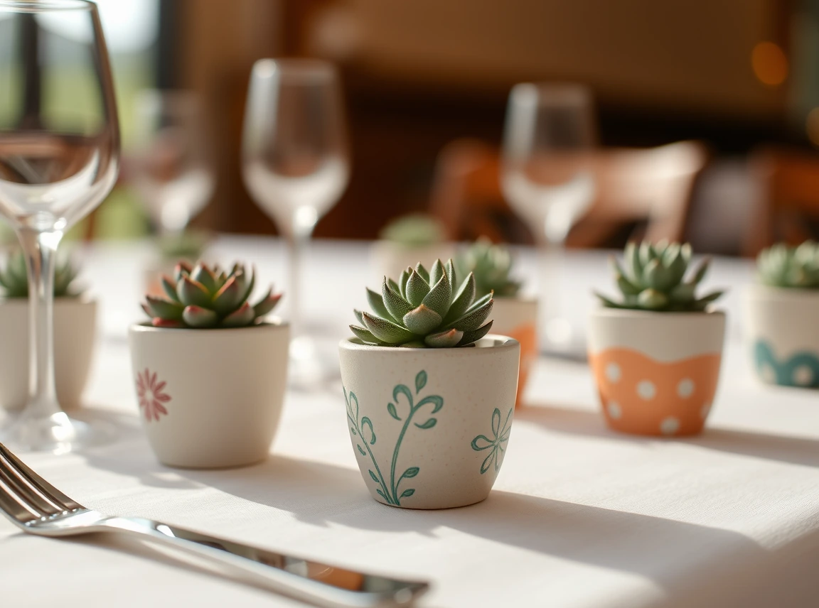 Small hand-painted pots with tiny succulents set as wedding favors at place settings, charming and personal, no people