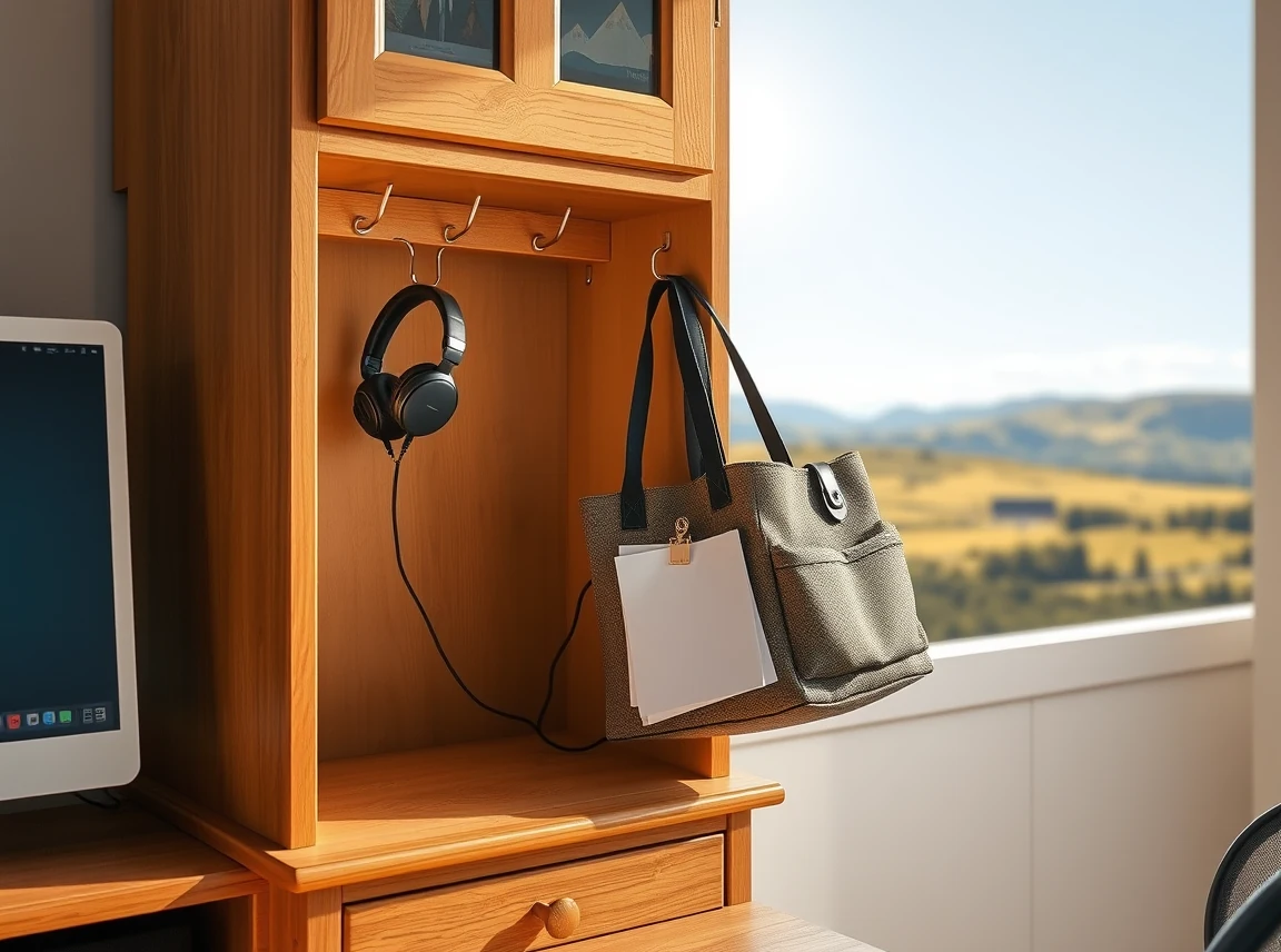 Small hooks on the side of a desk hutch holding headphones and a bag with clipped notes on the frame, clever use of space