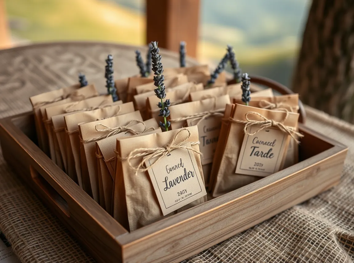 Small kraft paper favor bags tied with jute twine and hand-lettered name tags, filled with candy and topped with a sprig of
