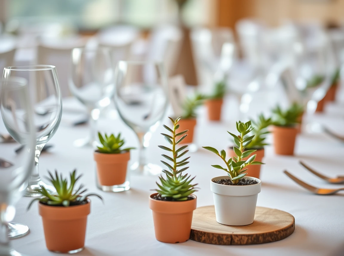 Small potted plants set as wedding favors and table decor at each place setting, useful and charming, no people, bright