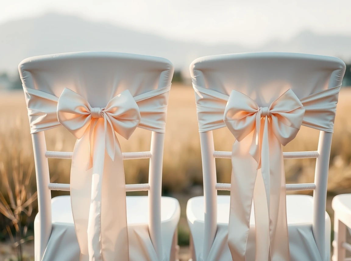 Soft silk ribbon bows tied on the backs of wedding chairs, delicate and romantic, no people, soft light, landscape photo