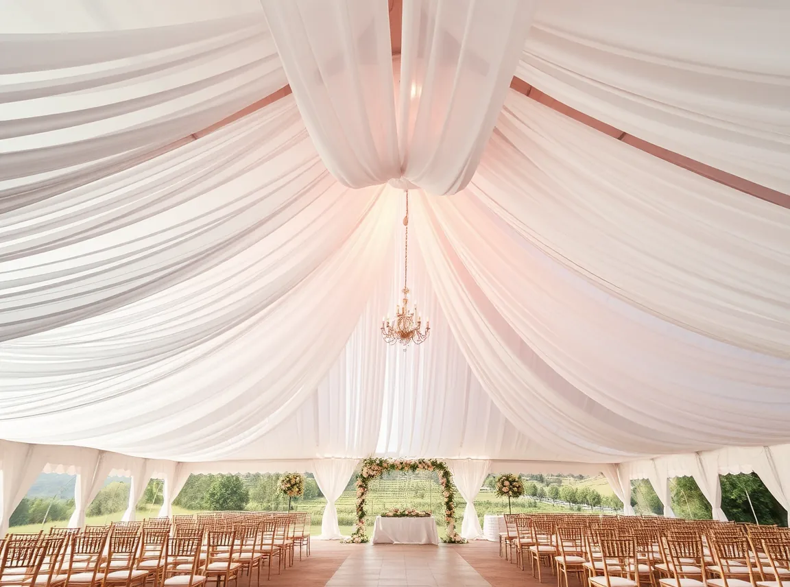 Soft white fabric draped from the ceiling of a wedding venue creating a dreamy canopy, elegant and airy, no people, warm