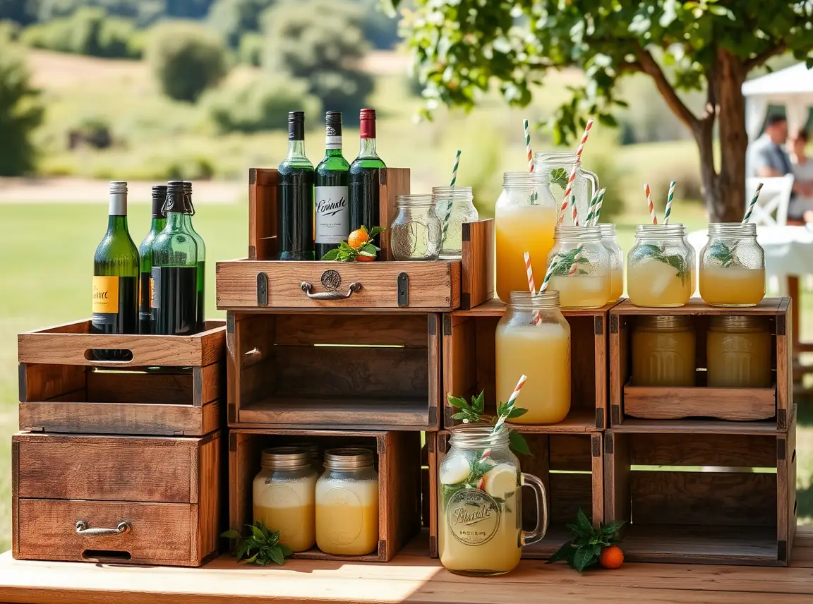 Stacked weathered wooden crates arranged as a rustic drink station, filled with wine bottles, mason jar glasses and jars of