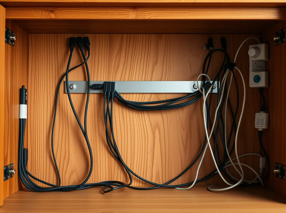 The back of a desk hutch with cords neatly routed through clips and channels, tidy cable management, no people, bright even