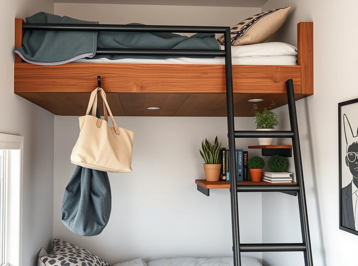 The ladder area of a lofted dorm bed styled with hooks holding a bag and towel and a slim shelf with plants and books