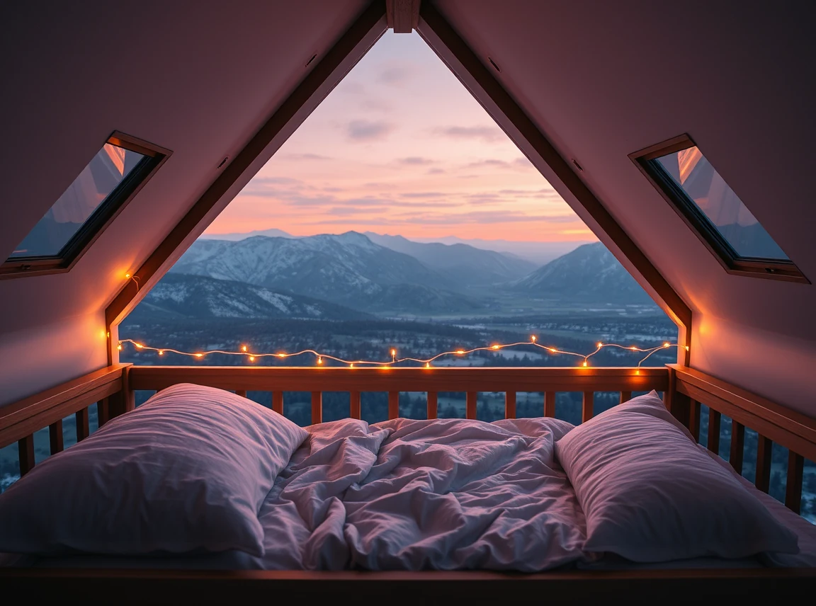 The top of a lofted dorm bed styled with soft pillows and a warm fairy-light strand along the rail, snug cozy sleeping