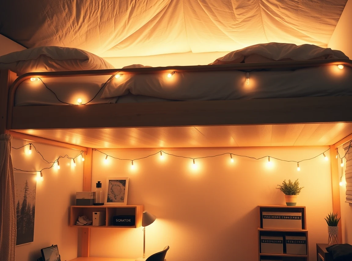 The underside of a lofted dorm bed lit with warm LED strips and string lights, glowing softly over a desk and shelves, cozy