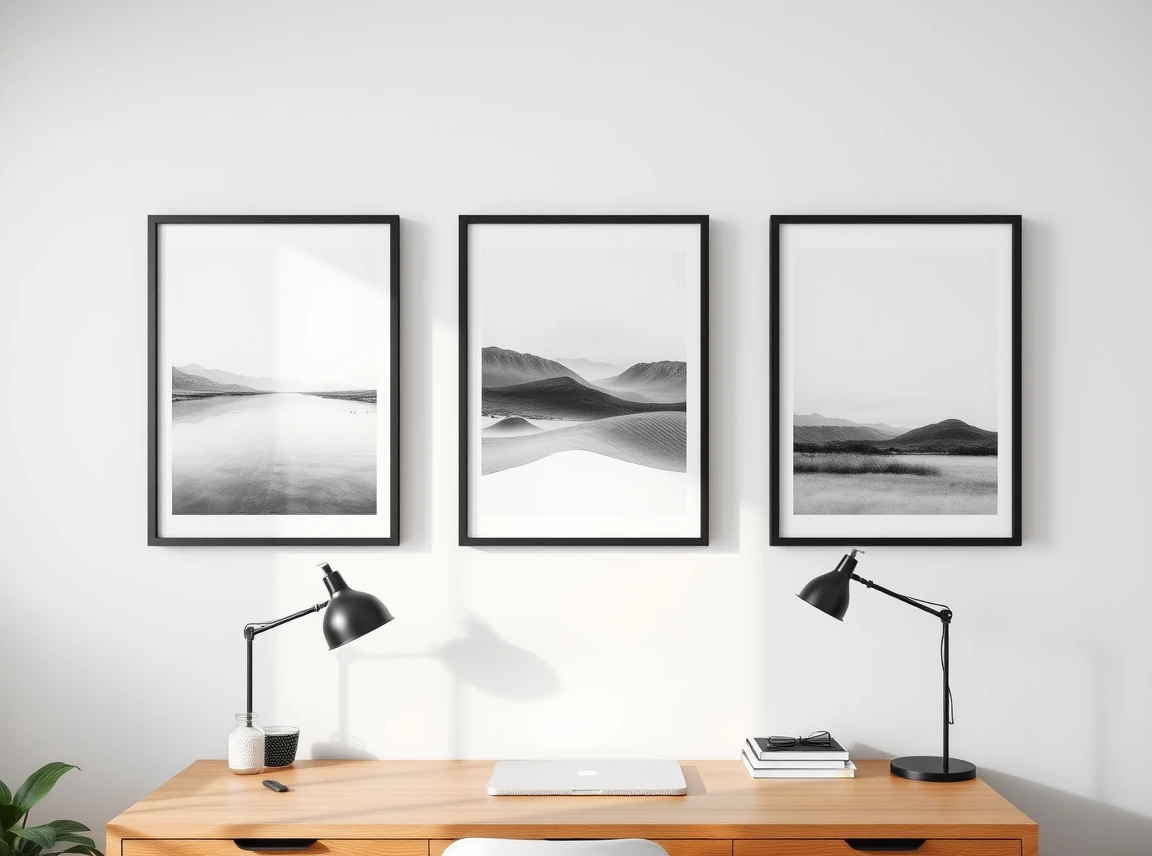 Three calm abstract art prints in matching thin black frames hung evenly above a dorm desk, cohesive and curated, bright