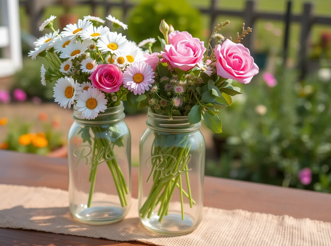 Three mason jars of different heights filled with fresh wildflowers, white daisies, pink roses and green eucalyptus