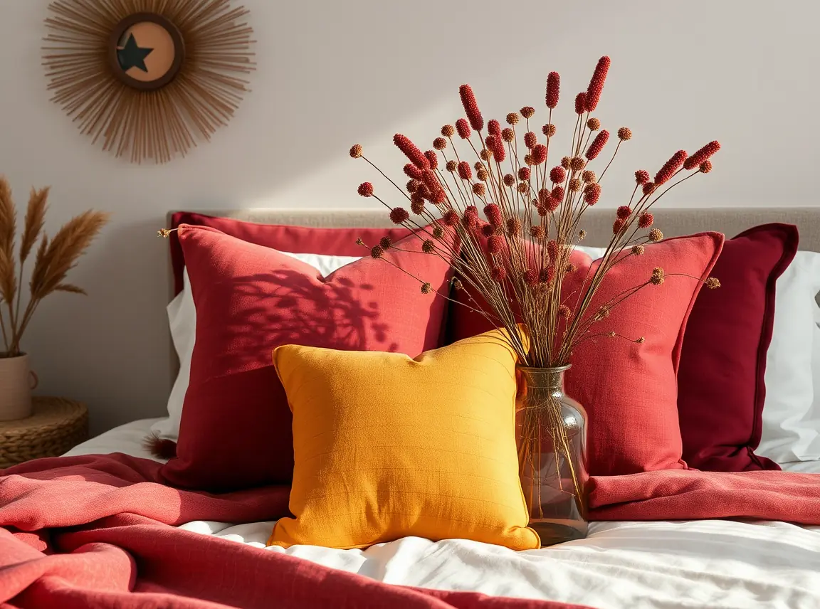 Throw pillows and a vase of dried stems in rust, mustard, and burgundy on a bed, warm spice-toned accents, no people, soft