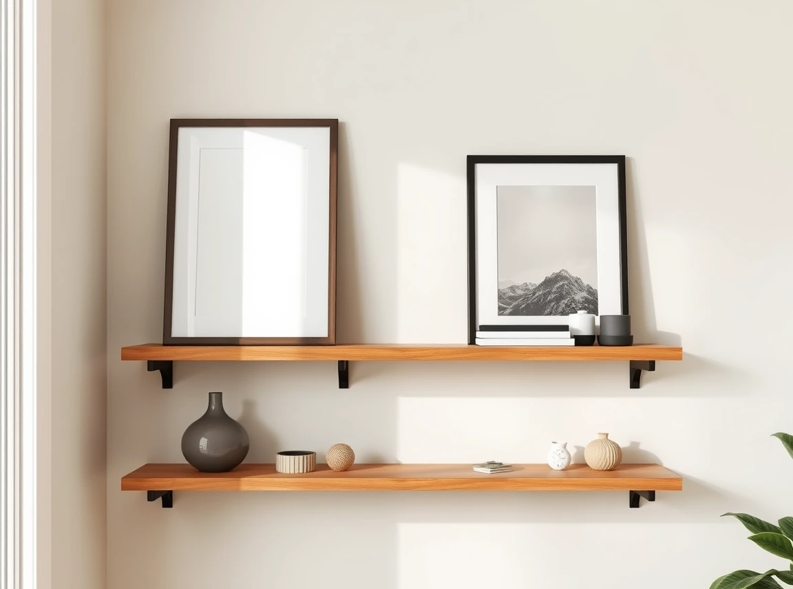Two floating picture ledge shelves meeting at a room corner, layered with leaning framed art, a small plant, and decor